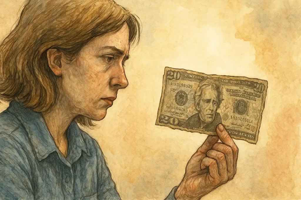 A numismatist is holding a $20 dollar bill.