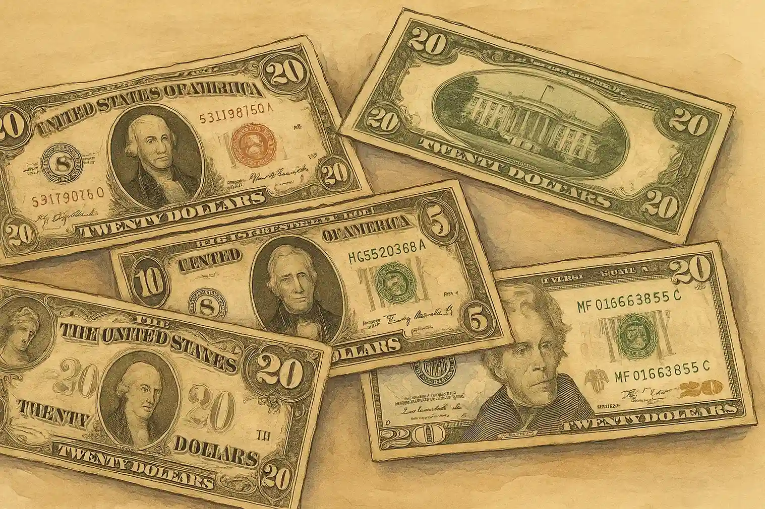 Different types of $20 bills.