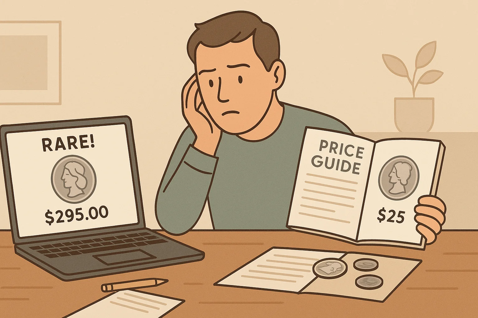 A confused coin collector compares an overpriced eBay coin with a price guide’s recommendation.
