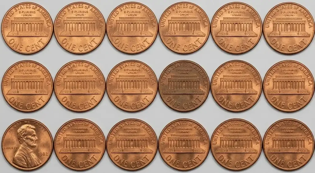 Macro shot of coins arranged in rows with one coin slightly separated